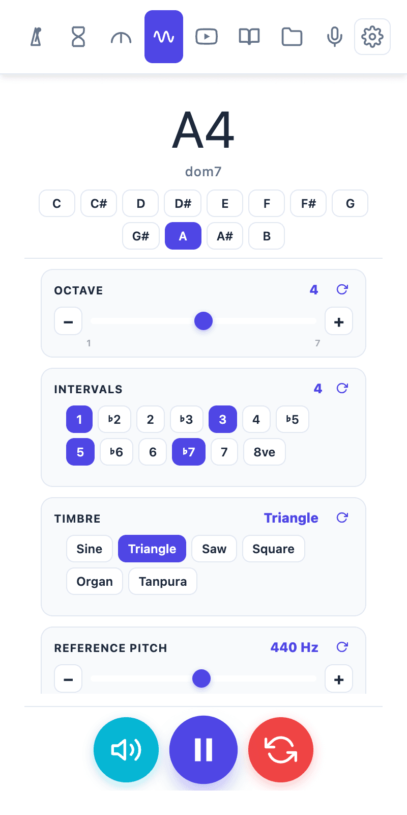 Tempo Kit drone playing a dominant chord on A, with intervals and timbre chips