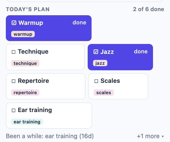 Tempo Kit Today plan: a practice checklist ticking off as you play, with a been-a-while reminder of what you have not touched