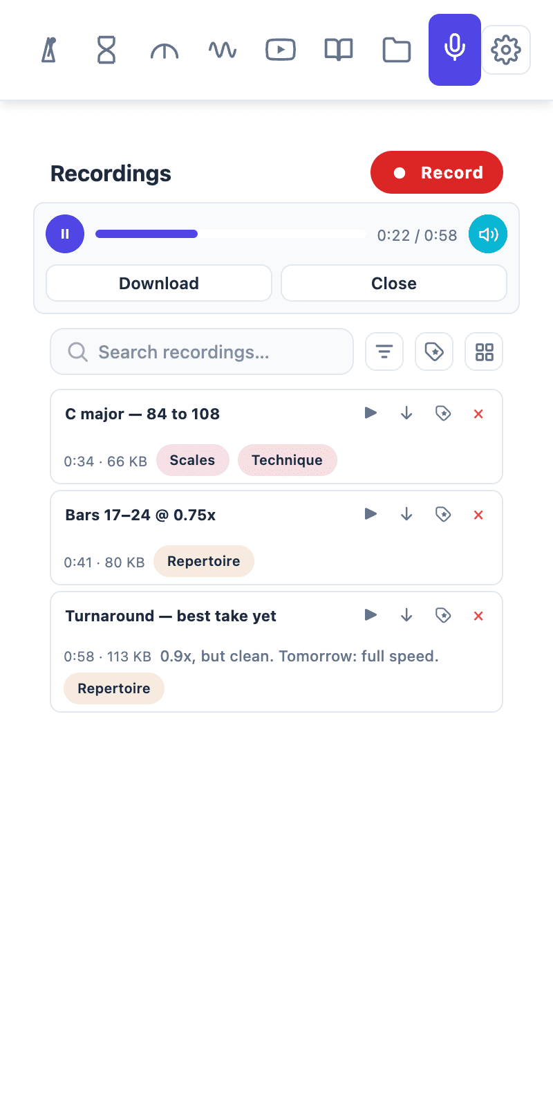 Tempo Kit practice recordings: named, tagged takes with a playback scrub bar