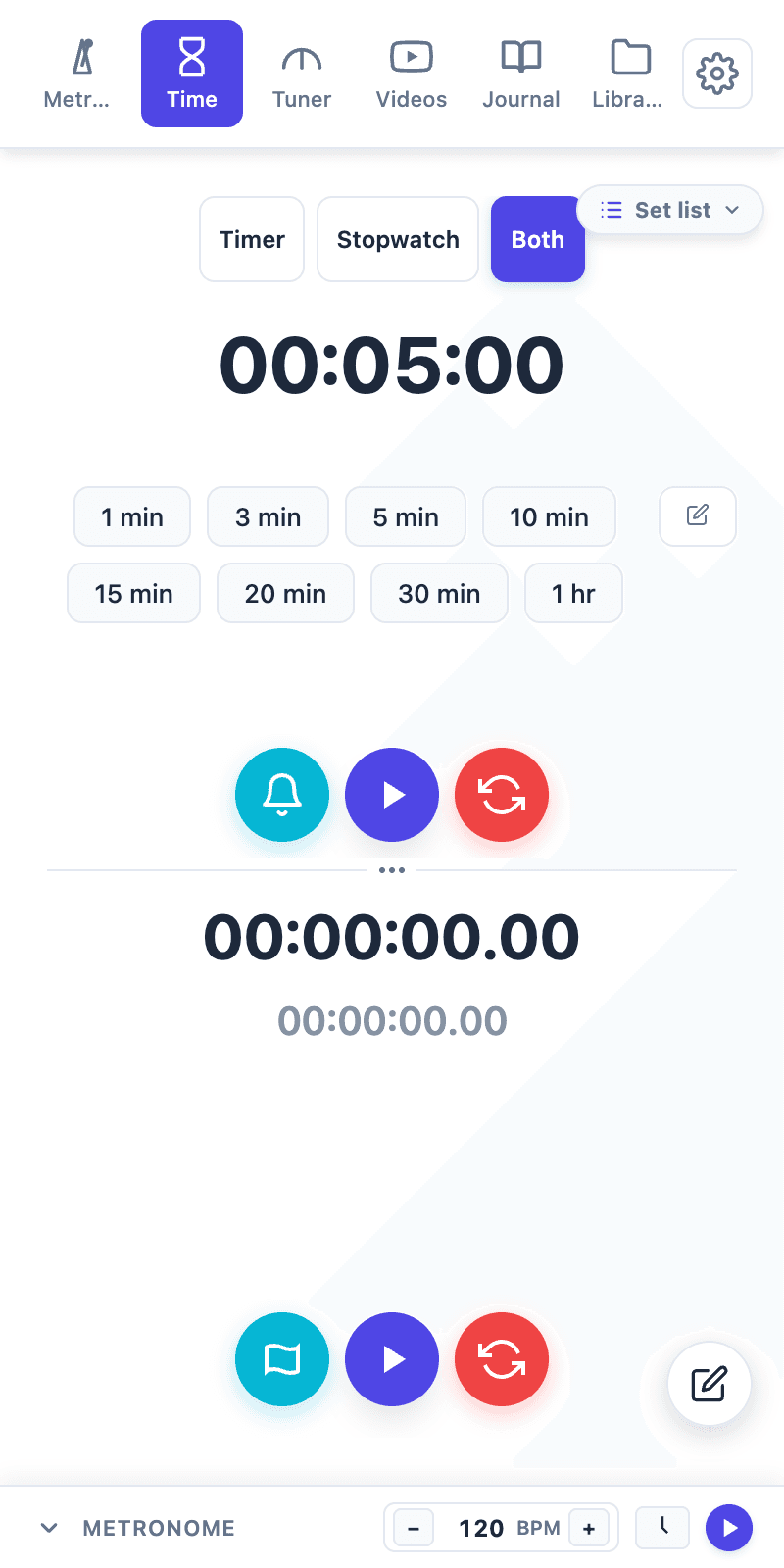 Tempo Kit timer and lap stopwatch together on one screen