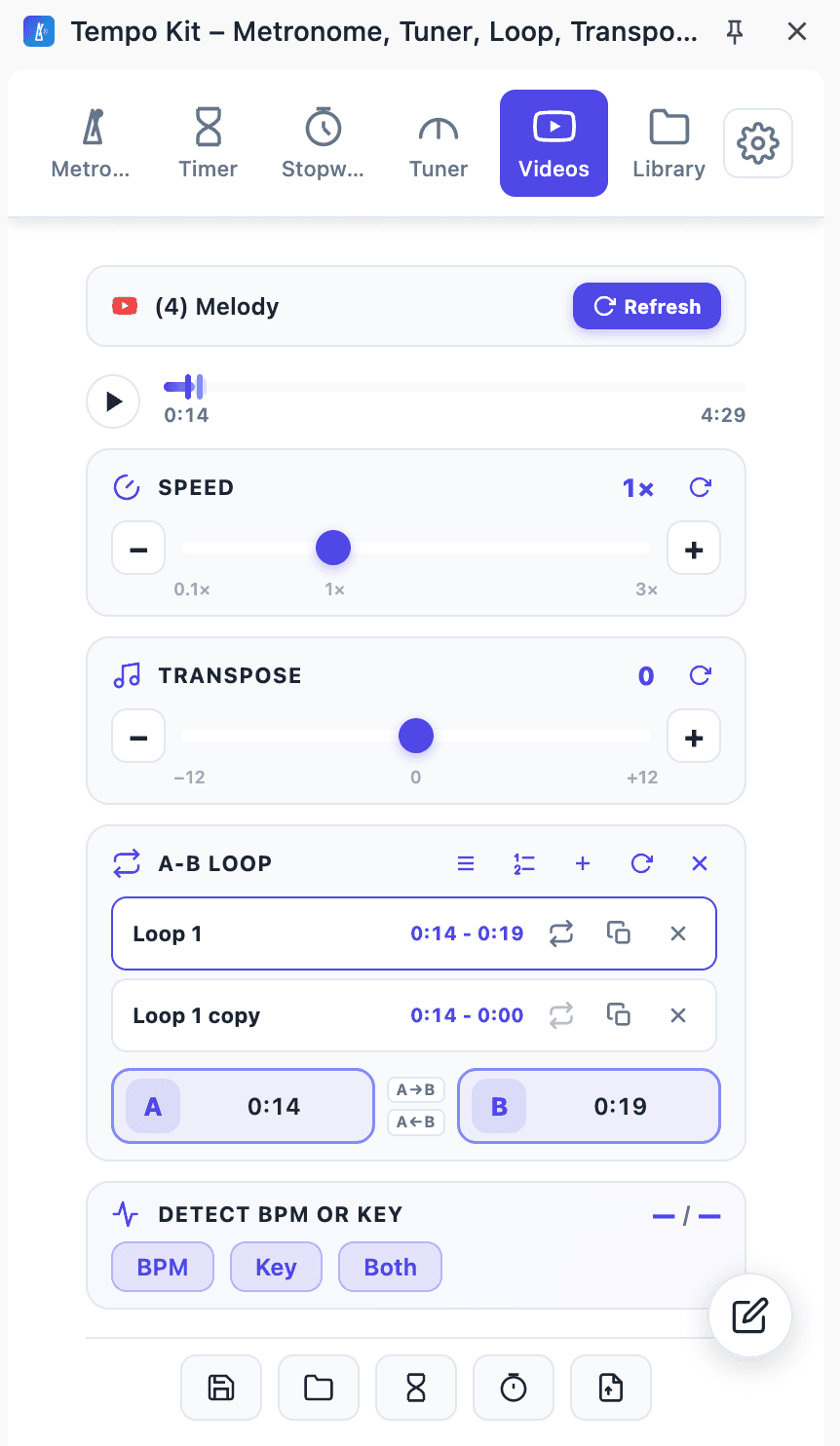Tempo Kit YouTube practice controls